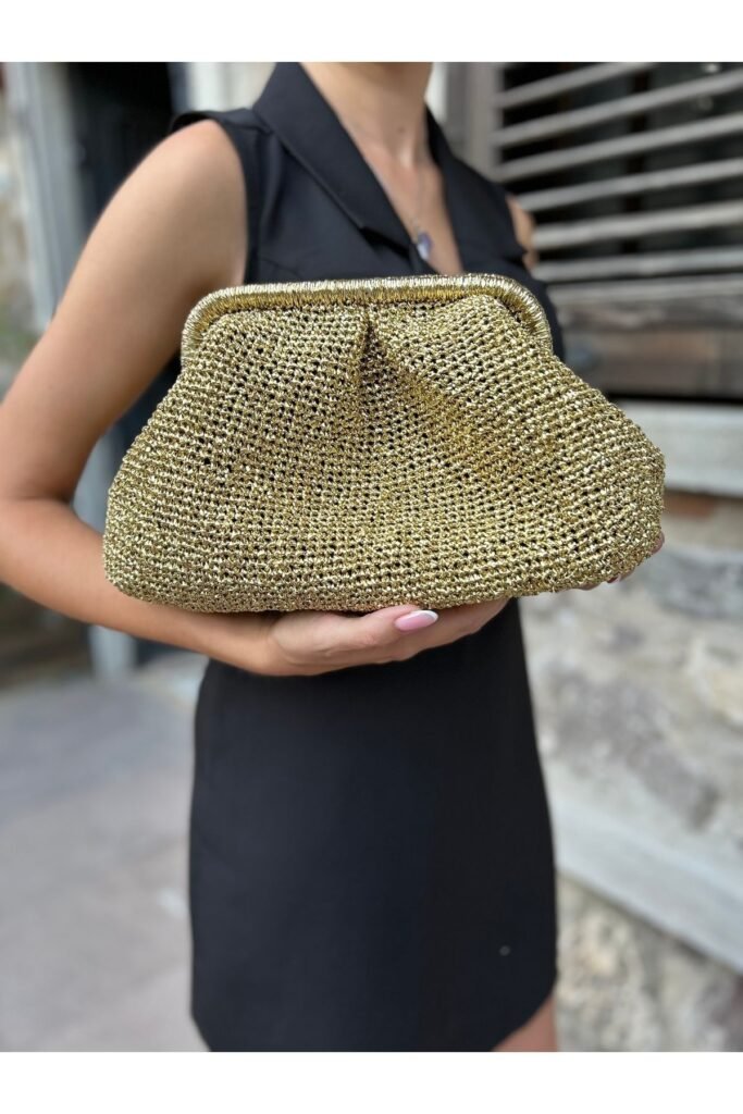 Hobilanka Altın Renk parlak metalik kağıt ip Portföy Clutch Çanta