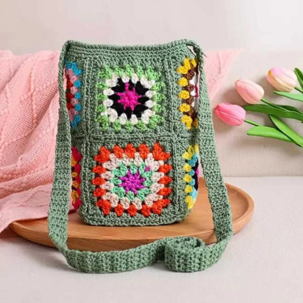 Renkli Motifli Model Handmade Örgü % 100 Cotton Trend Kadın El Çantası