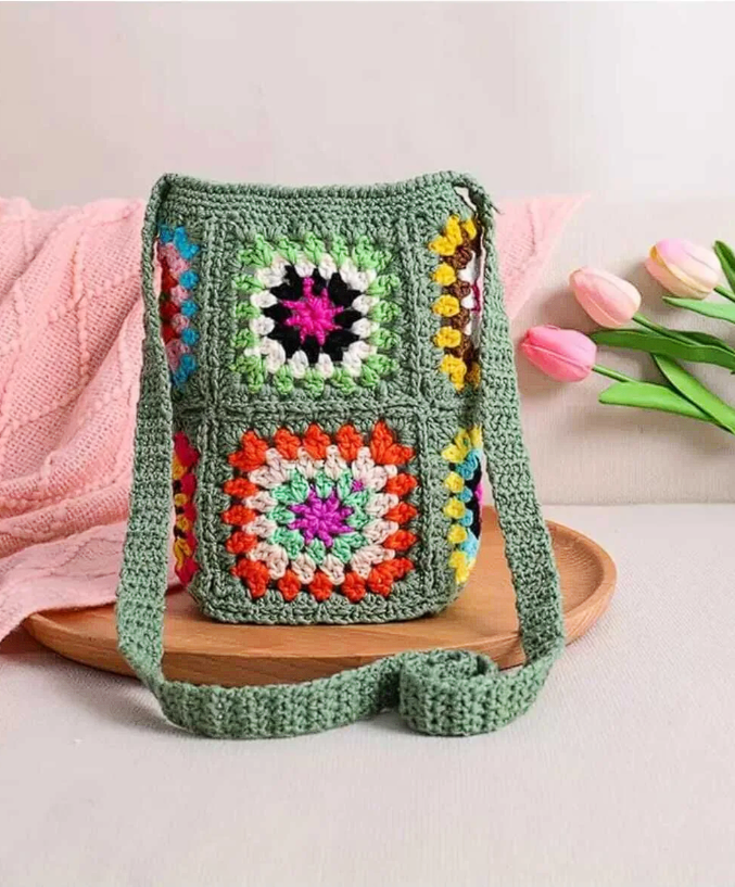 Renkli Motifli Model Handmade Örgü % 100 Cotton Trend Kadın El Çantası